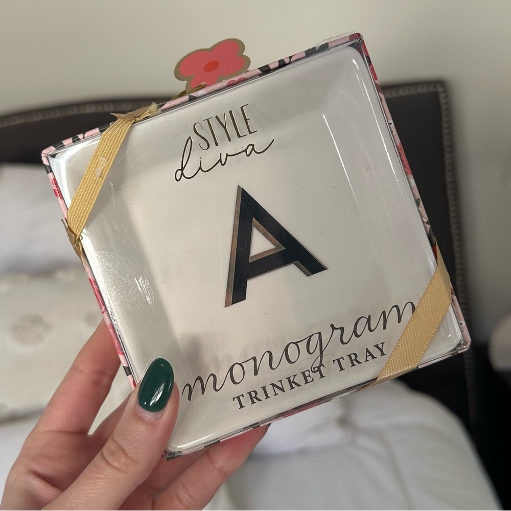 Style Diva Monogram ‘A’ Trinket Tray 4.25” Square for Rings Jewelry Gift Box New